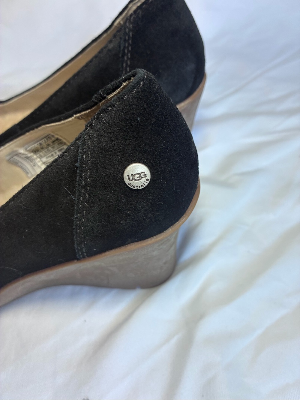 UGG Black Suede Sheepskin Lined Wedge Loafers with Brown Wedge - Picture 3 of 5